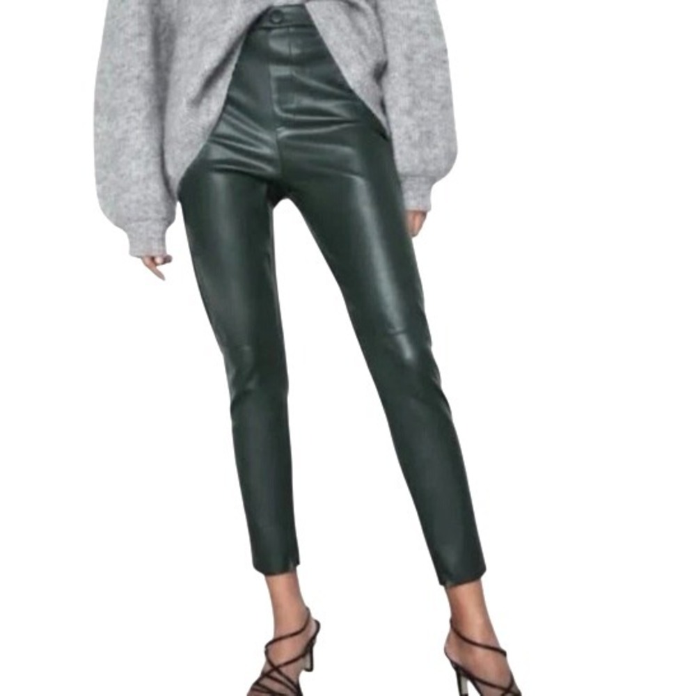 ZARA NWT Women's Small Green Faux Leather High Rise Legging Pants Ankle Zip Slim